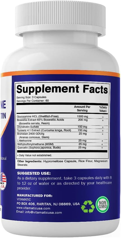 Vitamatic Glucosamine Chondroitin MSM 180 Veggie Capsules – Joint Support Supplement for Women & Men – Shellfish Free, Non-GMO