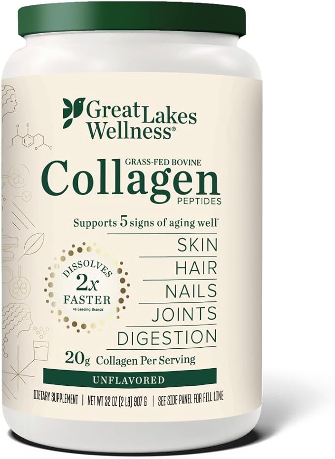 Great Lakes Wellness Collagen Peptides Powder – Supports Skin, Hair, Nails, Joints & Digestion – Hydrolyzed, Quick Dissolve, Non-GMO, Keto & Kosher – Pure Collagen Protein (32 oz, 45 Servings)