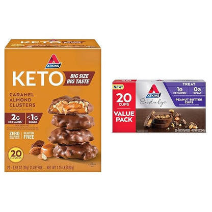 Atkins Caramel Almond Clusters, Gluten Free, High in Fiber, 1g Sugar, 2g Net Carb, Keto Friendly, 20 Count & Endulge Peanut Butter Cups, Dessert Favorite, Low Carb, 0g Sugar, 20 Count