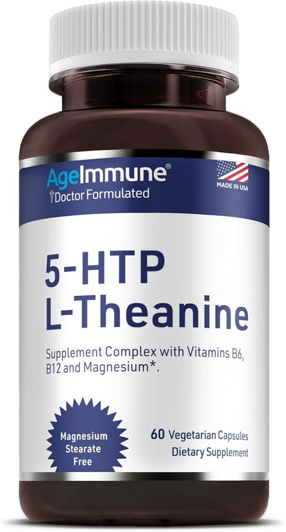 5-HTP Formula for Stress Relief and relaxation support for Teens and Adults with 5-HTP, L-Theanine, Vitamin B6, Vitamin B12, Magnesium - Doctor Formulated - Magnesium Stearate Free - 60 capsules.