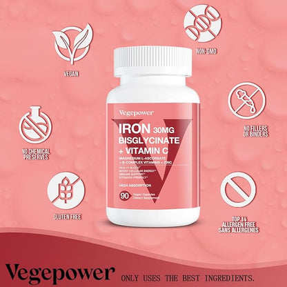 Iron Bisglycinate 30 mg with Vitamin C - High Absorption Iron Supplements for Anemia, Energy & Healthy Red Blood Cells - Gentle on Stomach, Non-Constipating, Non-GMO - 90 Vegan Capsules