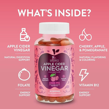 Apple Cider Vinegar Gummies 1000mg Per Serving - Sugar Free ACV Gummy Vitamins Supplement with Vitamin B12 for Energy - Keto Friendly Digestion, Detox, Cleanse Support, Vegan, Non-GMO - 60 Gummies