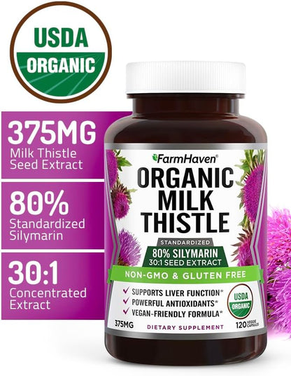 FarmHaven USDA Organic Milk Thistle Capsules | 30X Concentrated Seed Extract & 80% Silymarin Standardized - Supports Liver Function and Overall Health | Non-GMO | 120 Vegan Capsules