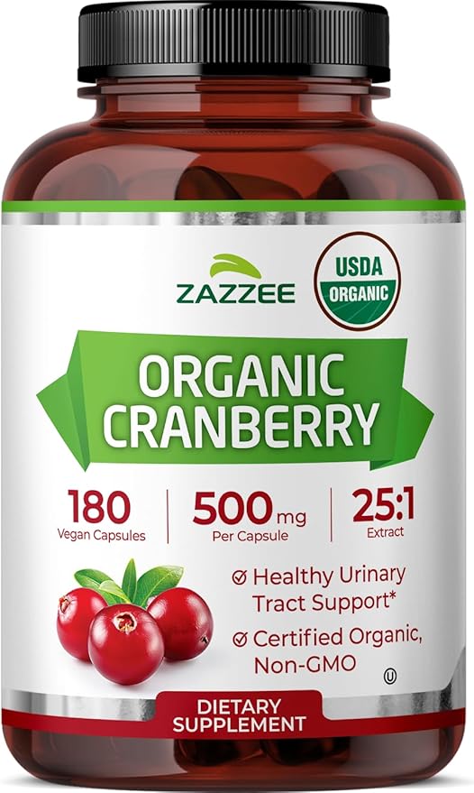 Zazzee USDA Organic Cranberry 25:1 Extract, 500 mg per Capsule, 180 Vegan Capsules, 6 Month Supply, Certified Kosher, Vaccinium Macrocarpon, Urinary Tract & Bladder Support, Non-GMO, Made in the USA