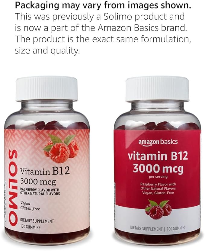 Amazon Basics Vitamin B12 3000 mcg Gummies, Normal Energy Production and Metabolism, Immune System Support, Raspberry, 100 Count (2 per Serving) (Previously Solimo)