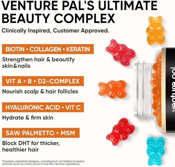 Venture Pal Biotin Gummies with Collagen & Keratin - Hair Growth Support Skin and Nail Strength Vitamins for Women & Men - Biotin 10000mcg | B-Complex | Saw Palmetto - Sugar Free, Non-GMO, 60ct
