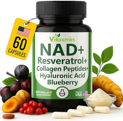 NAD Resveratrol Supplement 200mg with Berberine NAC Collagen - Nicotinamide Riboside NMN NADH CoQ10 Biotin Hyaluronic Acid - Hair Skin Nails Supplement - 60 Capsules