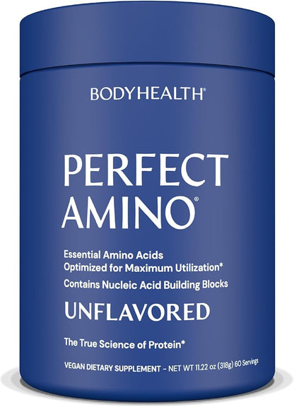BodyHealth PerfectAmino - BCAA and EAA Powder for Pre and Post Workout - Amino Acid Energy Drink for Men and Women to Support Lean Muscle and Recovery - Unflavored (Lightly Sweetened) - 60 Servings
