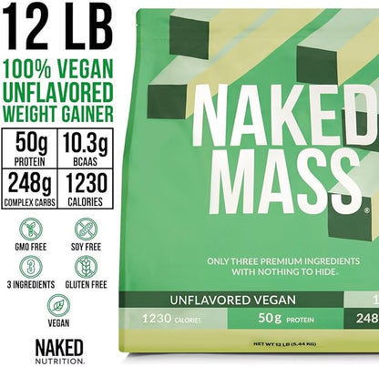 NAKED Vegan Mass - Natural Vegan Weight Gainer Protein Powder - 1,230 Calories, NSF Certified, Non-GMO, Soy & Gluten Free, No Artificial Ingredients - 12LB Bulk - 17 Servings