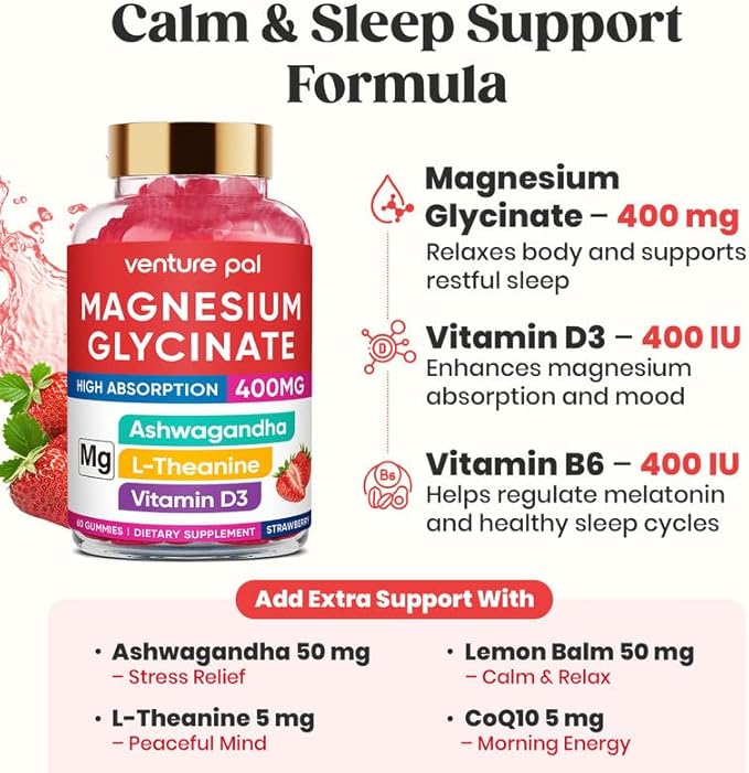 60 Day Supply Magnesium Glycinate 400mg Gummies with Ashwagandha, L-Theanine, CoQ10, Vitamin D3 & B6, Sugar Free Magnesium Gummies for Adults & Kids, Stress Relief, Sleep & Calm, Vegan, Gluten Free