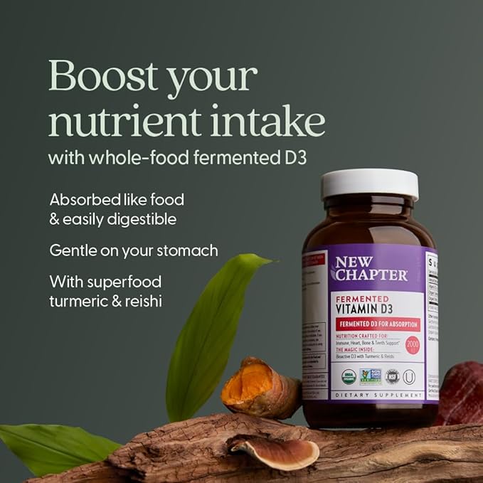 New Chapter Fermented Vitamin D3 2,000 IU, Organic, ONE Daily for Immune, Heart & Bone Support + Whole-Food Turmeric, Adaptogenic Reishi Mushroom, 100% Vegetarian, Gluten Free, 60 Count