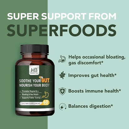 Rigma Herbal BEE Gut Health - Gas and Bloating Relief, Constipation, Leaky Gut Repair - Gut Cleanse & Restore Digestion - Promote Regularity, Colon Cleanser, 60 Capsules
