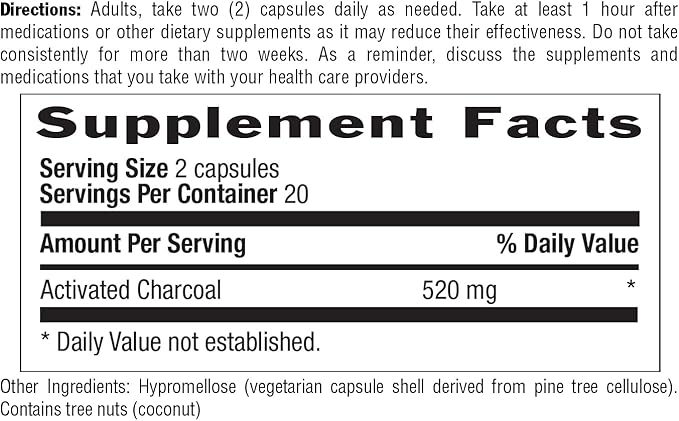 Country Life Coconut Activated Charcoal Capsules, 260mg – Natural Charcoal Supplement for Gas and Bloating Relief - Gluten-Free, 40 Vegan Capsules