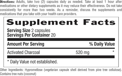 Country Life Coconut Activated Charcoal Capsules, 260mg – Natural Charcoal Supplement for Gas and Bloating Relief - Gluten-Free, 40 Vegan Capsules
