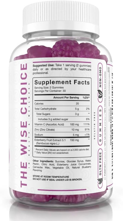 PUREFINITY Elderberry Gummies with Sambucus, Vitamin C, and Zinc – Your Perfect Daily 3-in-1 Supplement for Kids & Adults – Gluten Free, Non-GMO, Vegan, 60 Count