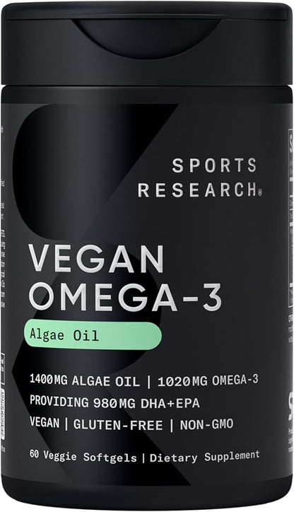 Sports Research Vegan Omega-3 Fish Oil Alternative from Algae Oil - Highest Levels of Vegan DHA & EPA Fatty Acids | Non-GMO Tested & Vegan Certified - 60 Veggie Softgels (Carrageenan Free)
