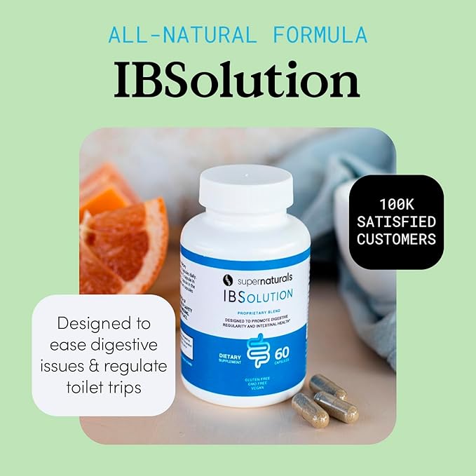 SuperNaturals IBSolution - Made in USA, Non-GMO, Gluten Free & Vegan (60 Capsules) - Digestive Gut Health Supplement With Psyllium Husk - Gas, Bloating, Diarrhea, Constipation Relief, Abdominal Pain