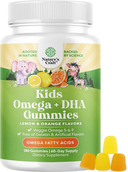 Omega DHA Gummies for Kids - Fatty Acids Omega 3 6 9 with Vitamin C for Brain, Immunity & Vision - Nutritional DHA for Kids for Healthy Nervous System & Focus Support - Fish Free & Vegan - 180 Chews