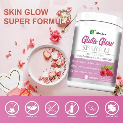 Multi Collagen&L-Glutathione Powder–Hydrolyzed Peptides with Vitamin C&Biotin–Supports Skin Brightness, Hydration&Natural Glow–30 Servings