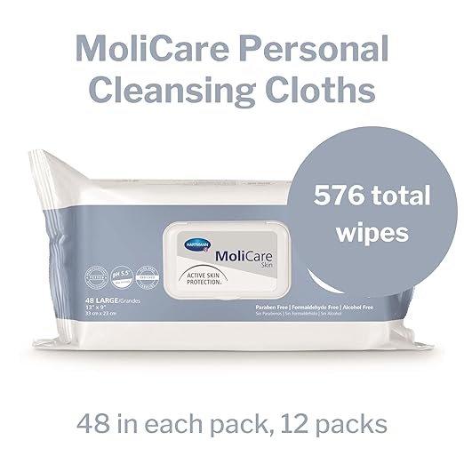 MoliCare Skin Personal Wipes, Pre-Moistened Adult Washcloths - Active Skin Protection with Aloe and Lanolin, Hypoallergenic, Alcohol-Free - 9 in x 13 in, 48 Count, 12 Packs, 576 Total