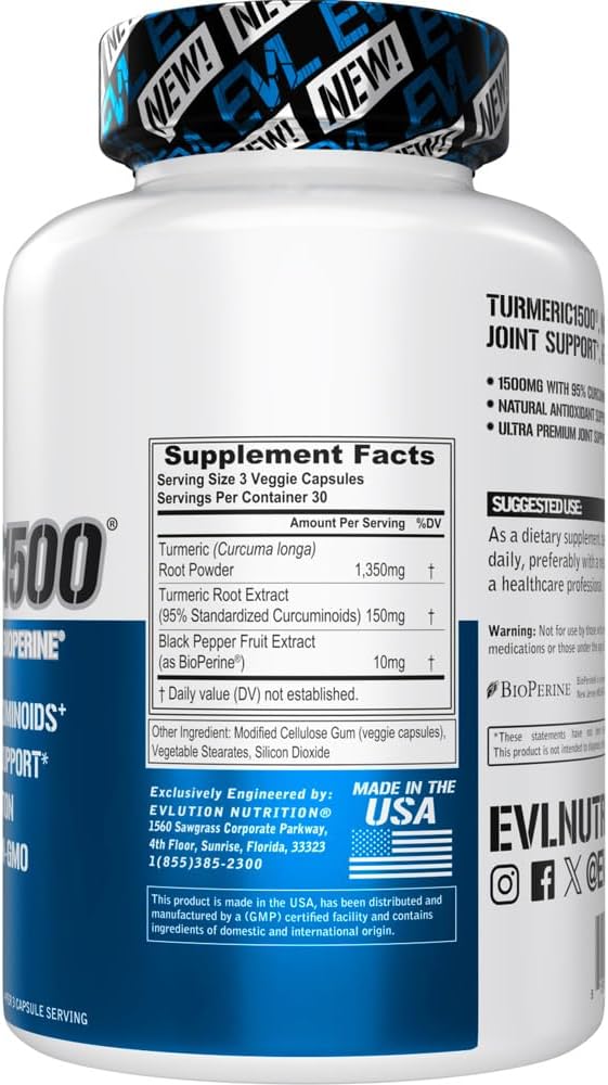 Evlution Herbal Relief Turmeric Curcumin with Bioperine - EVL 1500mg 95% Curcuminoid Turmeric Curcumin with Black Pepper for Digestive Skin Immunity Liver and Joint Support - Non GMO Vegan Supplement
