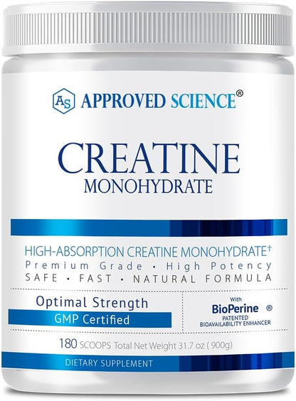 Approved Science Creatine Monohydrate Powder – with BioPerine – Supports Strength, Lean Muscle & Recovery – 5 g Per Serving – Unflavored Creatine Powder – Non-GMO, Vegan – 180 Servings