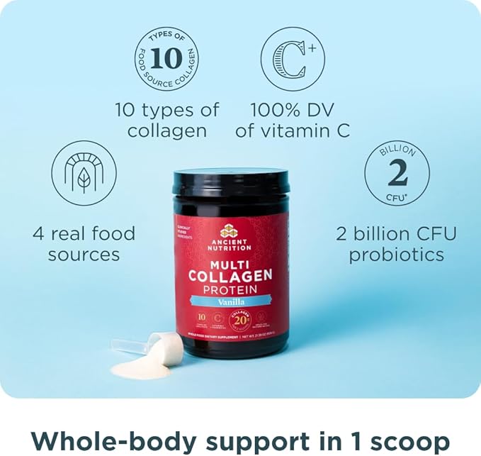 Ancient Nutrition Collagen Peptides Powder, Multi Collagen Protein, Women & Men, Vitamin C, Probiotics, Hydrolyzed Collagen, Supports Skin, Joints, Gut Health, Vanilla, 60 Servings (Pack of 2)