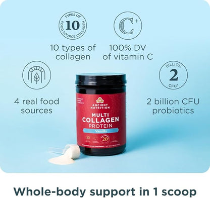 Ancient Nutrition Collagen Peptides Powder, Multi Collagen Protein, Women & Men, Vitamin C, Probiotics, Hydrolyzed Collagen, Supports Skin, Joints, Gut Health, Vanilla, 60 Servings (Pack of 2)