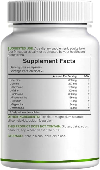 Essential Amino Acids (EAA) 2000mg Per Serving, 300 Capsules – Unflavored - 9 in 1, All BCAAs (Branched-Chain Aminos) – Lean Muscle Support & Natural Pre Workout Supplement