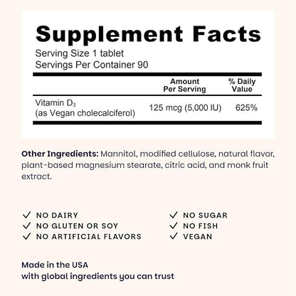 EZ Melts Dissolvable Vitamin D3 5,000 IU - Vegan Vitamin D Supplement for Bone & Teeth Support - No Artificial Flavors - Plant-Based & Non-GMO - Green Apple - 180 Dissolvable Tablets (180 Servings)