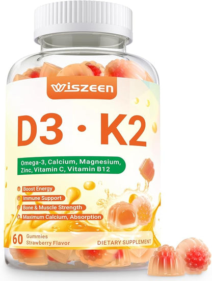 Vitamin D3 K2 Gummies, Sugar Free D3 K2 Vitamin with Omega 3, Calcium, Magnesium for Bone Muscle Teeth Immune