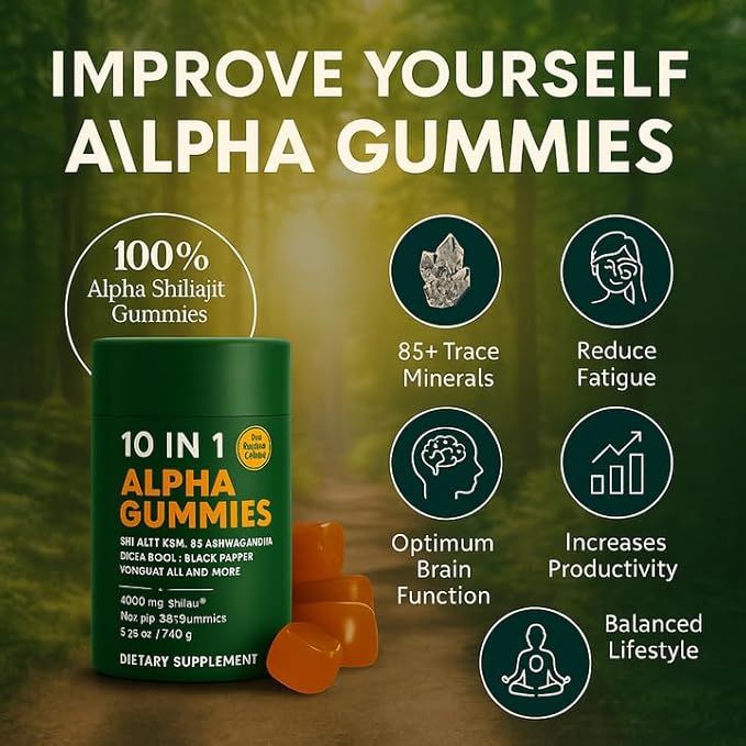 Alpha Gummies 10 in 1 for Men | 4000mg Himalayan Alpha Shilajit Gummies for Energy & Immune | 75% Fulvic Acid, 85+ Trace Minerals, Ashwagandha, Gokshura | No Added Sugar, Non-GMO, 60 Count (1)