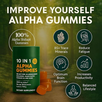 Alpha Gummies 10 in 1 for Men | 4000mg Himalayan Alpha Shilajit Gummies for Energy & Immune | 75% Fulvic Acid, 85+ Trace Minerals, Ashwagandha, Gokshura | No Added Sugar, Non-GMO, 60 Count (1)