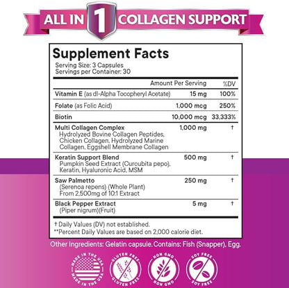 NEW AGE Collagen Pills Biotin Keratin Saw Palmetto Hyaluronic Acid- Vitamin E Folic Acid Pumpkin Seed MSM- 270 Count