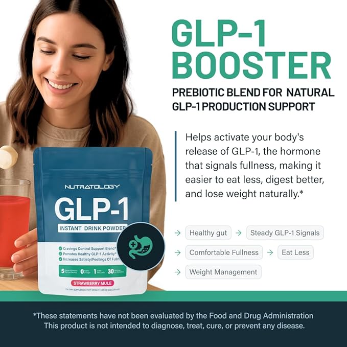 GLP-1 Booster | Control Cravings, Appetite Support & Gut Health | High In Fiber & Sugar-Free Drink Mix | GLP1 Supplements Weight Loss Women & Men | Strawberry Mule Flavor | Made In USA | 30 Servings