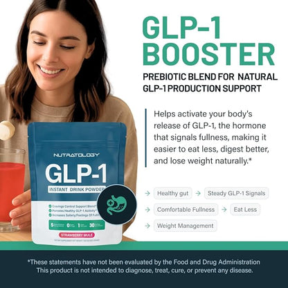 GLP-1 Booster | Control Cravings, Appetite Support & Gut Health | High In Fiber & Sugar-Free Drink Mix | GLP1 Supplements Weight Loss Women & Men | Strawberry Mule Flavor | Made In USA | 30 Servings