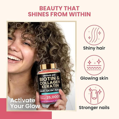 Venture Pal Biotin Gummies with Collagen & Keratin - Hair Growth Support Skin and Nail Strength Vitamins for Women & Men - Biotin 10000mcg | B-Complex | Saw Palmetto - Sugar Free, Non-GMO, 60ct