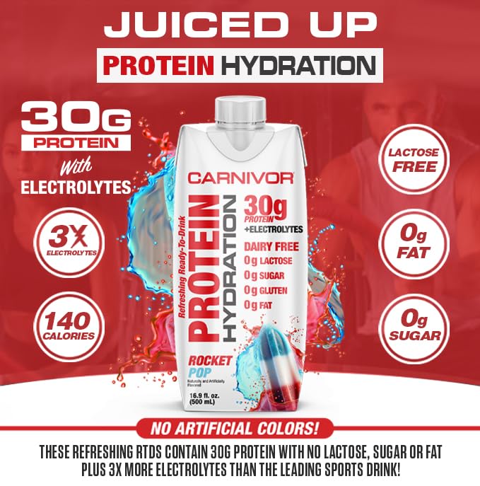 MuscleMeds Carnivor Protein Hydration RTD, Ready to Drink, Lactose Free, Sugar Free, 30g Isolate Protein, Halal Certified, Rocket Pop, 16.9 Fl Oz (Pack of 12)