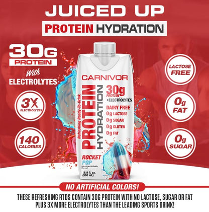 MuscleMeds Carnivor Protein Hydration RTD, Ready to Drink, Lactose Free, Sugar Free, 30g Isolate Protein, Halal Certified, Rocket Pop, 16.9 Fl Oz (Pack of 12)