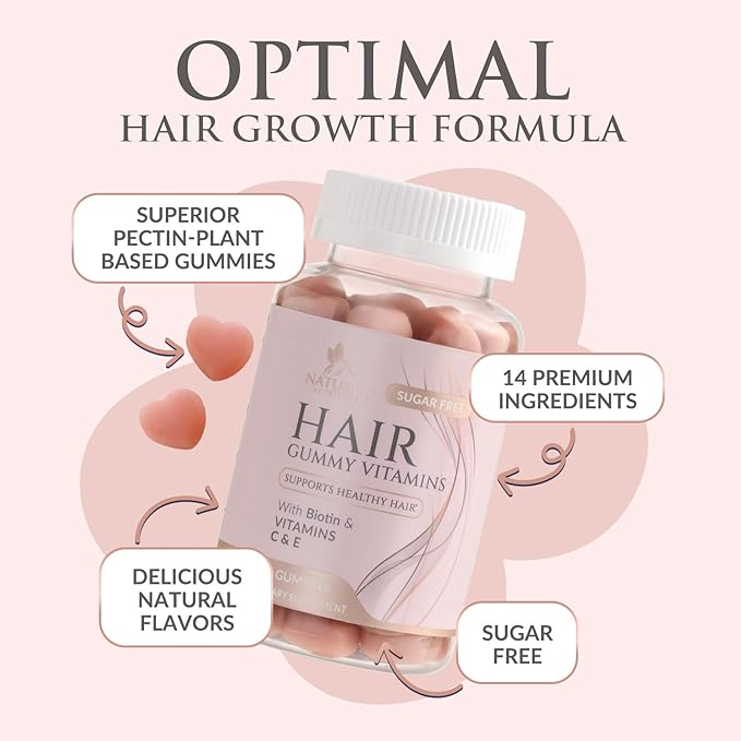 Hair Vitamins Gummies - Sugar Free Hair Growth Support Gummy with Biotin 5000 mcg Per Serving, Vitamin A, B12, C, D, E, Folic Acid - Supports Strong Beautiful Hair and Nails, Vegetarian - 60 Gummies