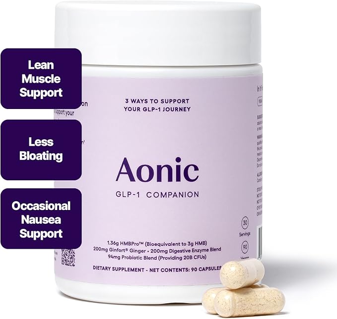 AONIC 3-in-1 GLP-1 Companion Supplement - HMBPro™ to Support Maintenance of Lean Muscle, probiotic and Enzyme Blend to Support Digestion, Ginger Extract to Help Reduce Nausea and Bloating (90 Caps)