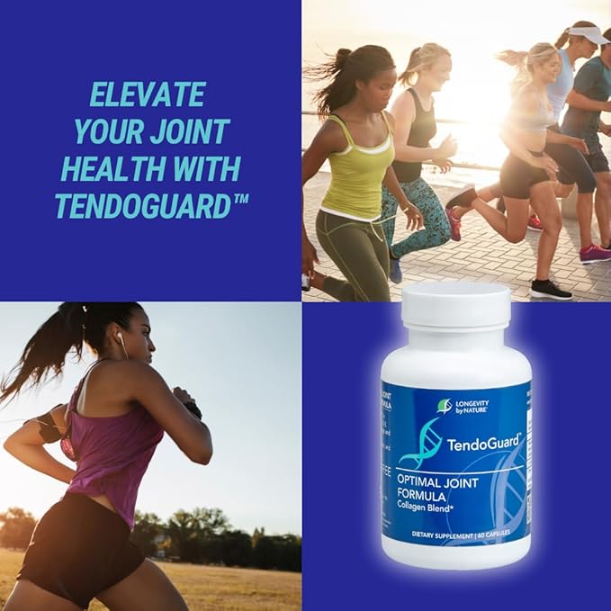 Longevity by Nature TendoGuard Joint Support Supplement with Collagen Peptides, Hyaluronic Acid Supplements, Tendon and Ligament, 60 Capsules
