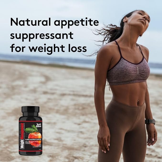 Youth & Tonic Weight Management Carb Matrix Support for Appetite Suppressant, Hunger Control, Metabolism Booster, Natural Detox & Gut Cleanse for Women & Men, 60 Pills w/ACV, Glucomannan, Chromium