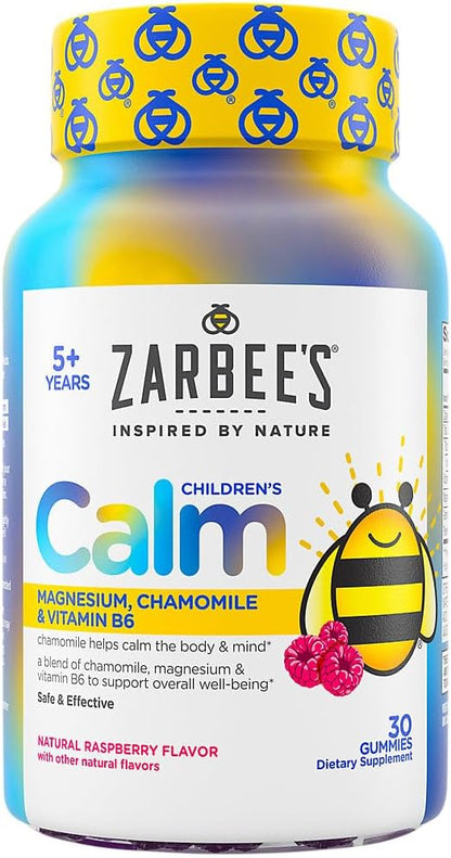 Zarbee’s Naturals Children’s Calm Gummies, Magnesium for Kids Ages 5+, Melatonin-Free, Support for a Calm Mind & Body, Chamomile & Vitamin B6, Natural Raspberry Flavor, 30 ct