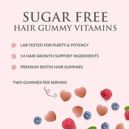 Hair Vitamins Gummies - Sugar Free Hair Growth Support Gummy with Biotin 5000 mcg Per Serving, Vitamin A, B12, C, D, E, Folic Acid - Supports Strong Beautiful Hair and Nails, Vegetarian - 60 Gummies