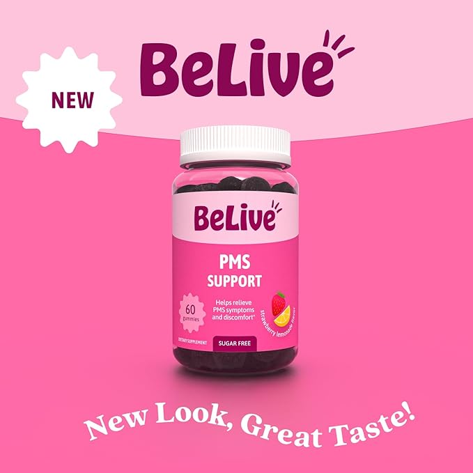 BeLive PMS Support Gummies Supplement – Helps Relieve PMS Symptoms – Hormonal Balance Mood Swings & Cramps Relief, Bloating Support – with Chaste Tree Extract - Strawberry Lemonade Flavor – 60 Count
