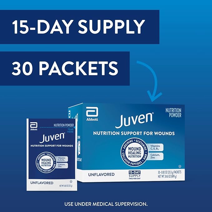 Juven Therapeutic Nutrition Drink Powder Including Collagen Peptides, Amino Acids, and HMB For Wound Healing Support, Unflavored, 30 Packets