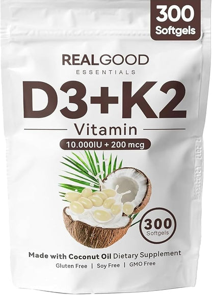 Real Good Essentials Vitamin D3 K2, Essentials D3+K2 (MK7) Coconut Oil 300 Softgels, with Vitamins D & K 10000 Iu Supports Calcium Absorption, Bone, Immune.(1)