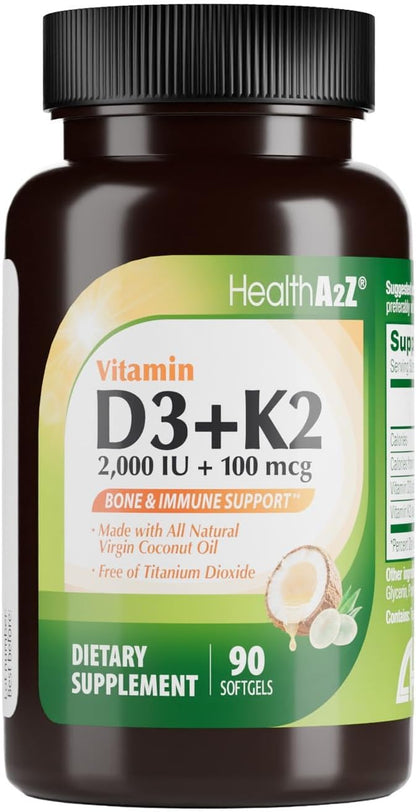 HealthA2Z® Vitamin D3 (2,000 IU) + K2 (MK-7) Made with Virgin Coconut Oil (Natural MCTs) - 90 Softgels (Pack of 1) - Helps Calcium Absorption for Bones, Teeth, Mood & Immune Health