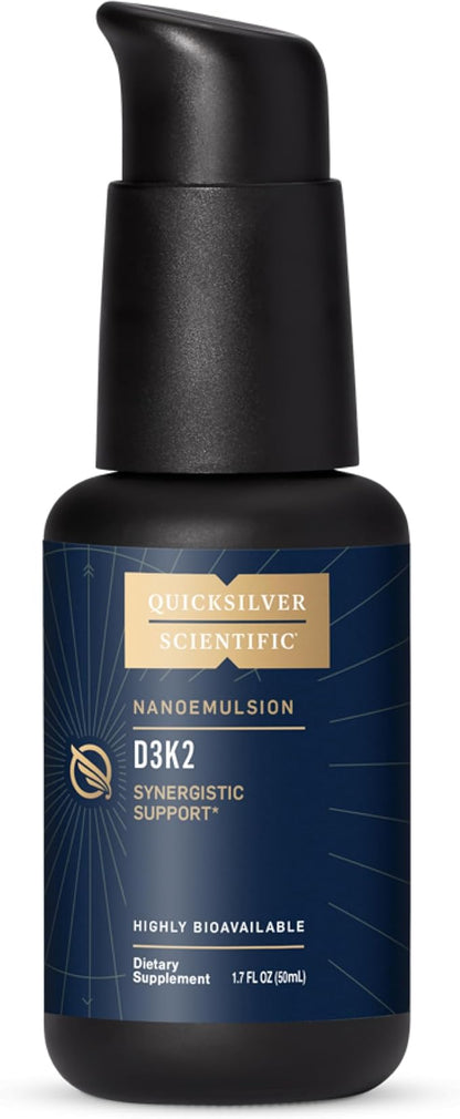 Quicksilver Scientific Nanoemulsified D3K2 - Emulsified Liquid Vitamin D3 + K2 MK7 Liposomal Supplement for Heart, Bone Health + Immune Support - Bioactive 2500IU for Enhanced Absorption (1.7oz/50ml)